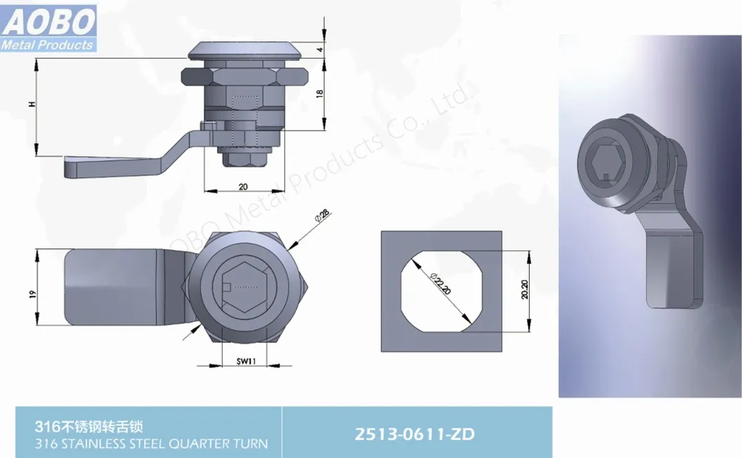 Aobo Machinery AISI316 Casting Waterproof IP65 Substation Cabinet Door High-Speed Rail Metro Part Quarter Turn Hexagon Male Lock Cylinder Cam Lock