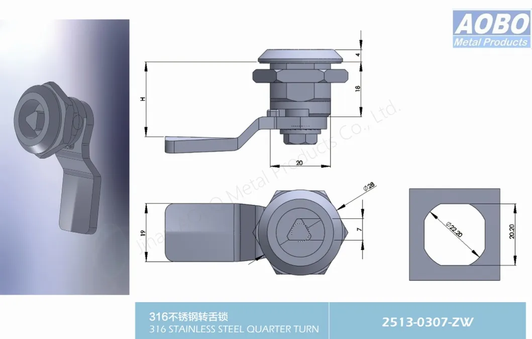 Aobo Factory Producer IP65 Transformer Cabinet 7mm Triangular Lock Core SS316 Quarter Turn Cam Lock